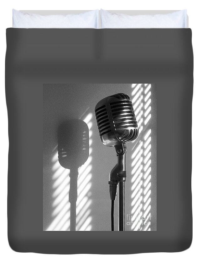 Elvis Duvet Cover featuring the photograph Classic Shure Microphone, BW by Ron Long