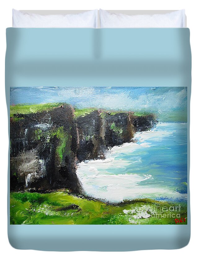 Cliffs Of Moher Duvet Cover featuring the painting Painting Of Cliffs Of Moher Painting by Mary Cahalan Lee - aka PIXI