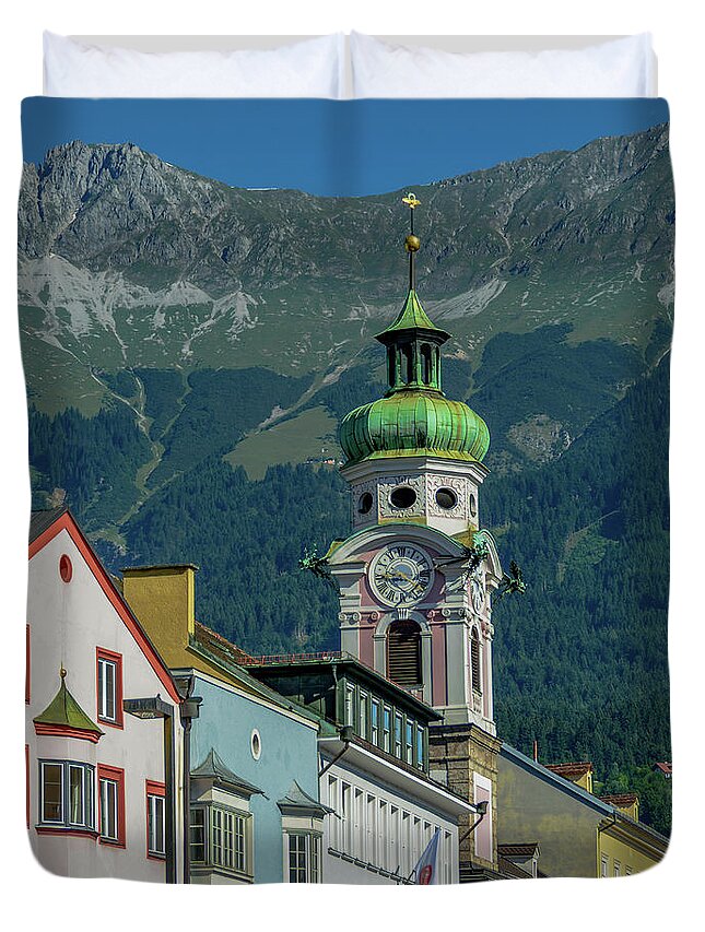 Austria Duvet Cover featuring the photograph Clock Tower of Innsbruck by Marcy Wielfaert
