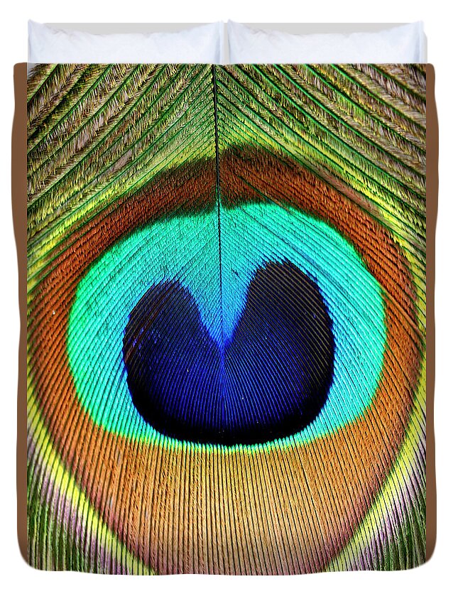 Natural Pattern Duvet Cover featuring the photograph Close Up Of A Peacock Feather by Visage