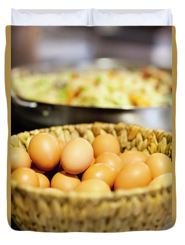 Large Group Of Objects Duvet Cover featuring the photograph Close Up Of Basket Of Eggs by Hybrid Images