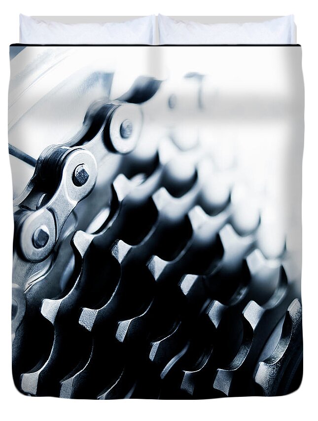 White Background Duvet Cover featuring the photograph Close Up Of Bicycle Gears by Adam Gault