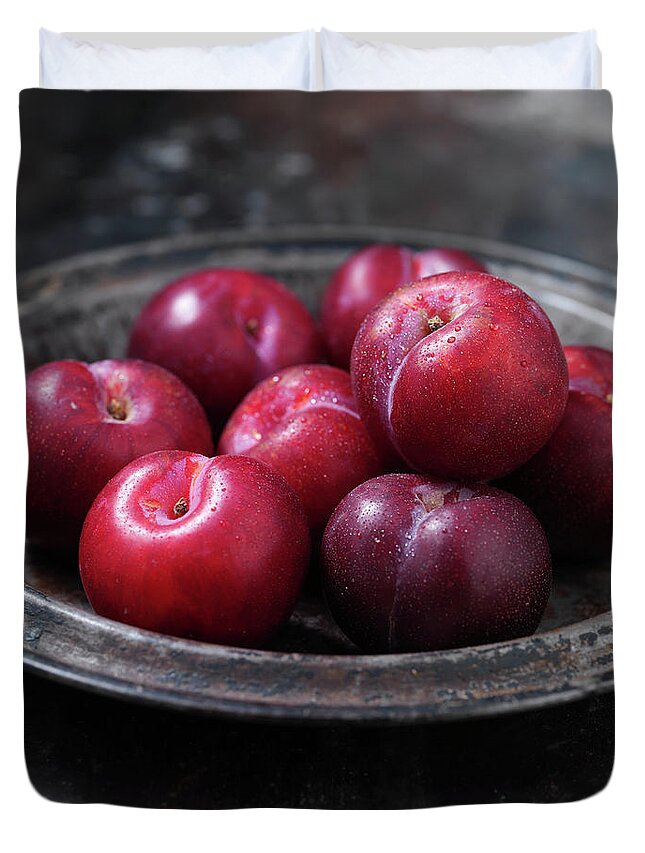 Plum Duvet Cover featuring the photograph Close Up Of Bowl Of Plums by Danielle Wood