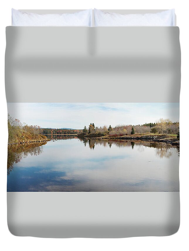 Tranquility Duvet Cover featuring the photograph Clouds And Trees Reflected In A by Susan Dykstra / Design Pics