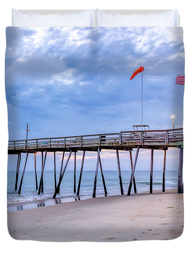 Ocean Duvet Cover featuring the photograph Cloudy Sunrise at Avalon Pier 2 by Donna Twiford