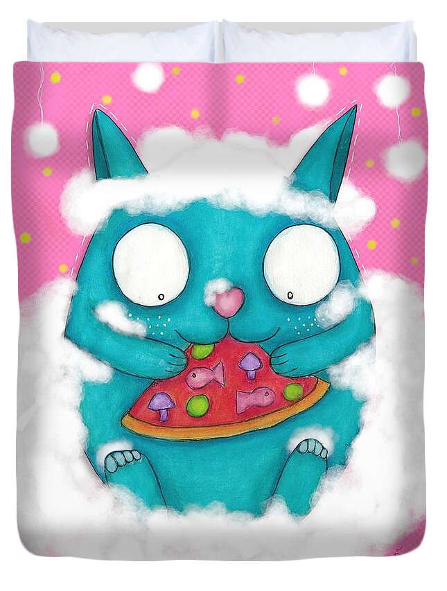 Painting Duvet Cover featuring the mixed media CloudyCatPizza by Barbara Orenya