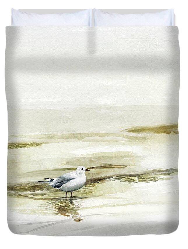 Coastal & Tropical+animals & Nature+birds Duvet Cover featuring the painting Coastal Gull I by Victoria Borges