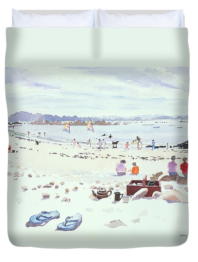 Cobo Bay Duvet Cover featuring the painting Cobo Bay, Guernsey, Watercolor by Lucy Willis