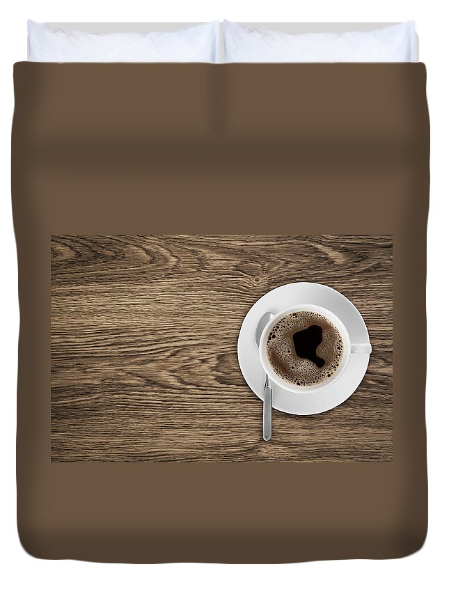 Natural Pattern Duvet Cover featuring the photograph Coffeecup With Coffee In It On A Wooden by Daneger