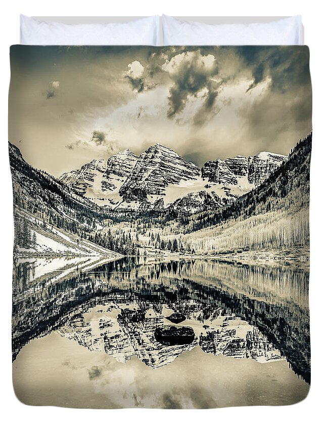 Colorado Art Duvet Cover featuring the photograph Colorado Maroon Bells Peak Mountain Landscape - Sepia Edition by Gregory Ballos