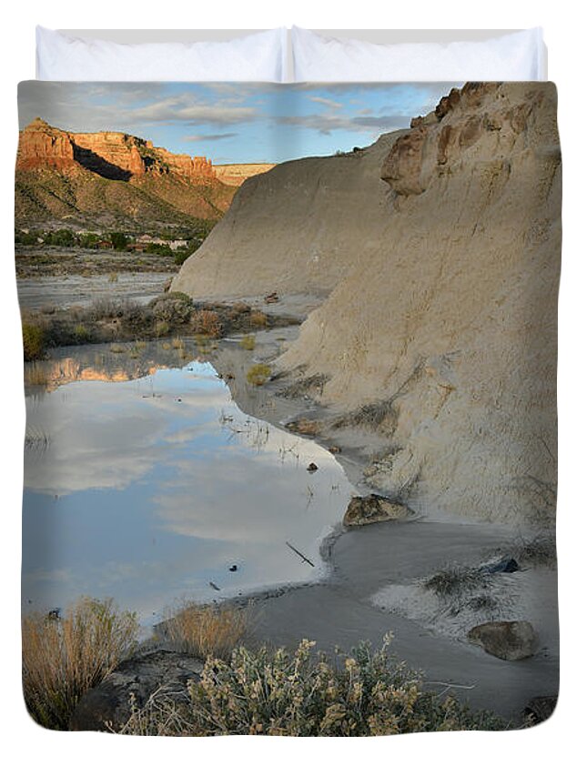Grand Junction Duvet Cover featuring the photograph Colorado National Monument at Sunrise Reflected in Bentonite Pool by Ray Mathis
