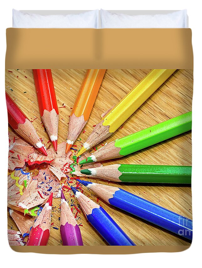 Close-up Duvet Cover featuring the photograph Colored Pencils And Shavings On Table by Gerard Mcauliffe