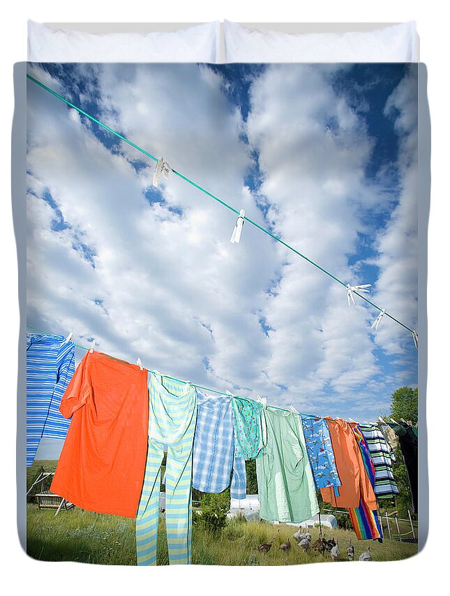 Hanging Duvet Cover featuring the photograph Colorful Clothes Line by Zia Soleil