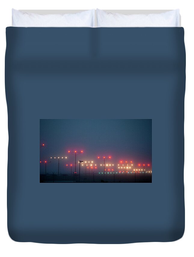 Clear Sky Duvet Cover featuring the photograph Colorful Fogbound Landing Lights Guide by John K. Goodman
