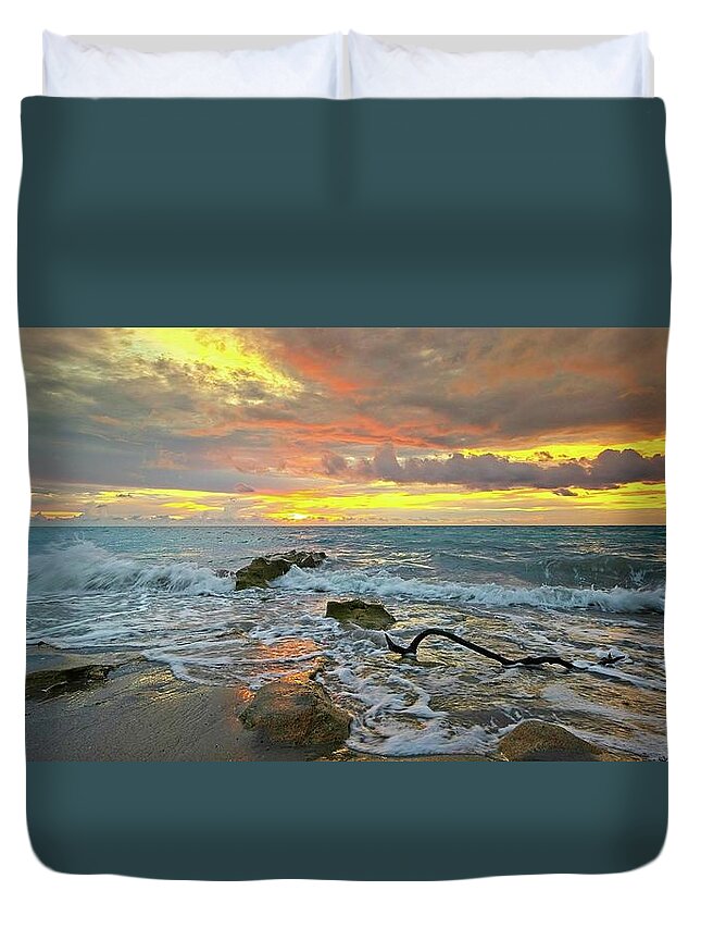 Carlin Park Duvet Cover featuring the photograph Colorful Morning Sky and Sea by Steve DaPonte
