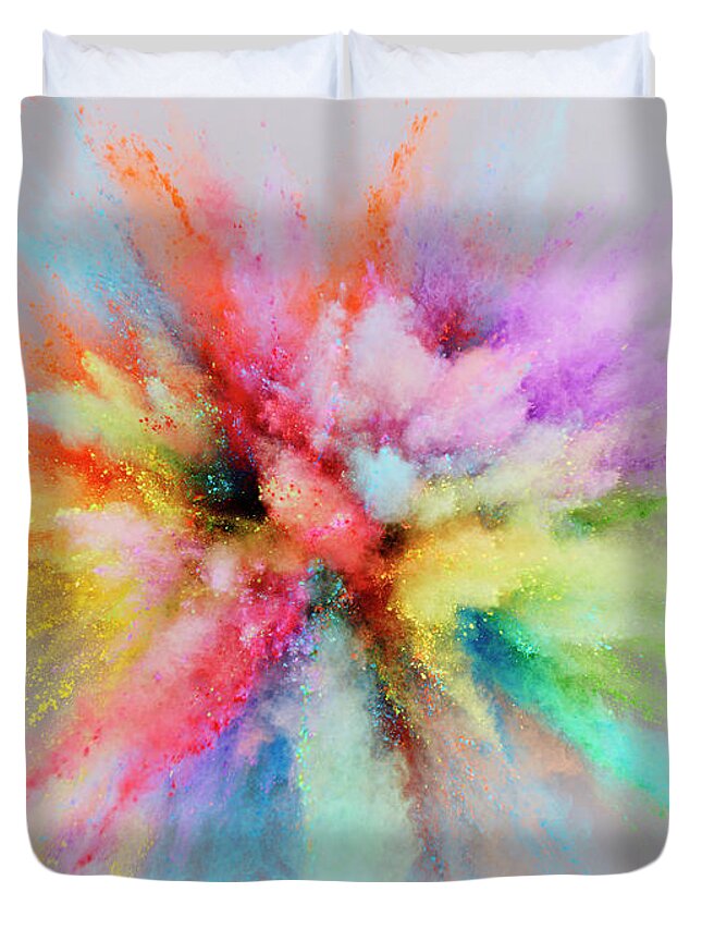 Orange Color Duvet Cover featuring the photograph Colorful Powder Explosion by Stilllifephotographer