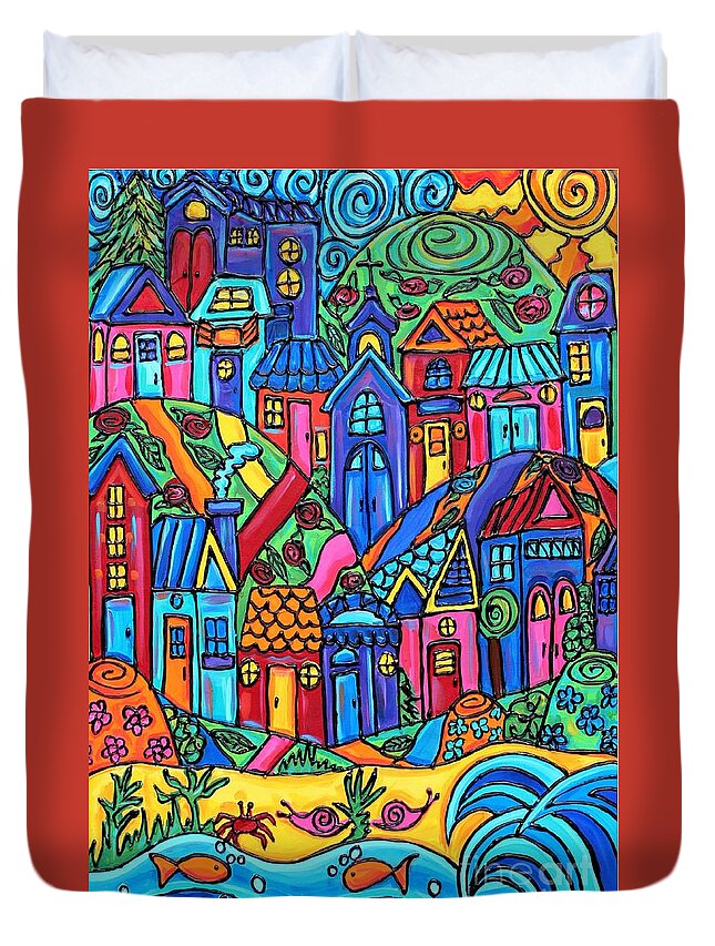 Colorful Duvet Cover featuring the painting Colorful Whimsy Town by Cynthia Snyder