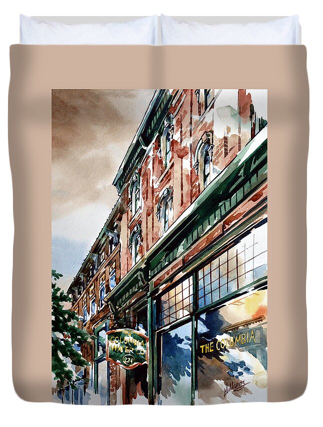 #watercolor #landscape #cityscape #columbia #columbiapa #oldbuildings #columbiawater Duvet Cover featuring the painting Columbia Water by Mick Williams