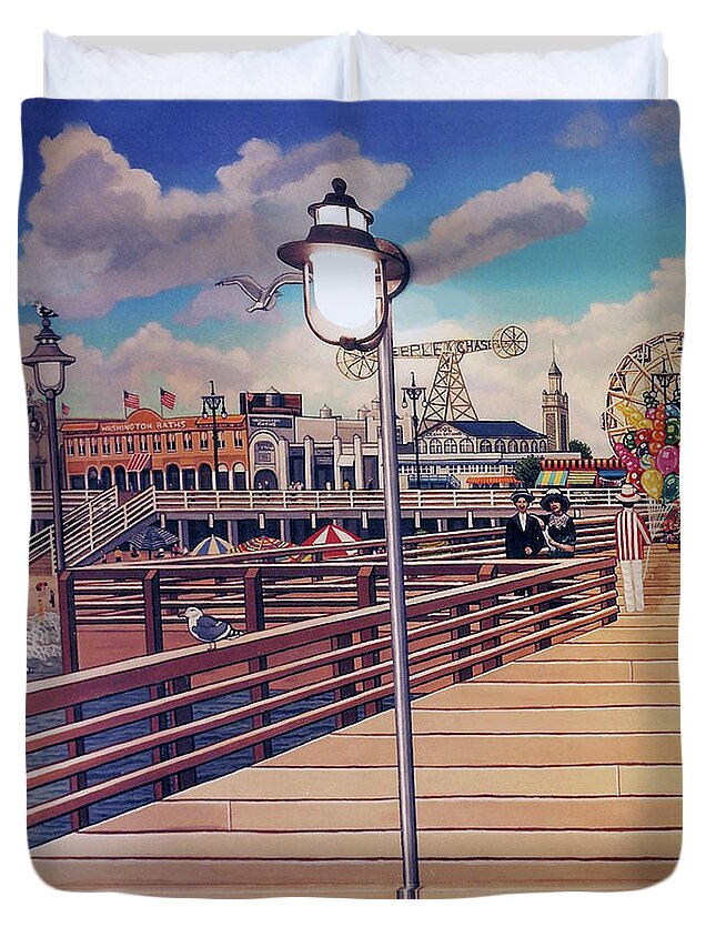  Duvet Cover featuring the painting Coney Island Boardwalk Pillow Mural #1 by Bonnie Siracusa