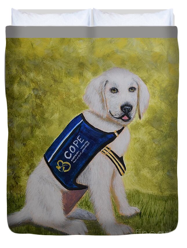 Dog Duvet Cover featuring the painting Cope Service Dog Labrador by Monika Shepherdson