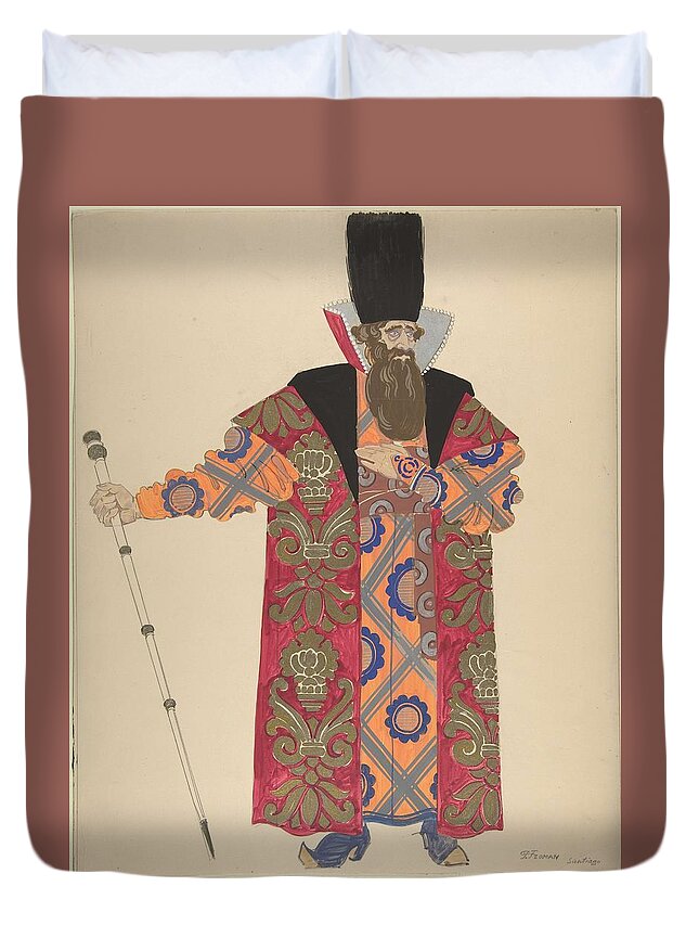 Design Duvet Cover featuring the painting Costume Study for Robed, Bearded Boyar with Staff verso Sketch for the same figure Pavel Petrovic Fr by MotionAge Designs