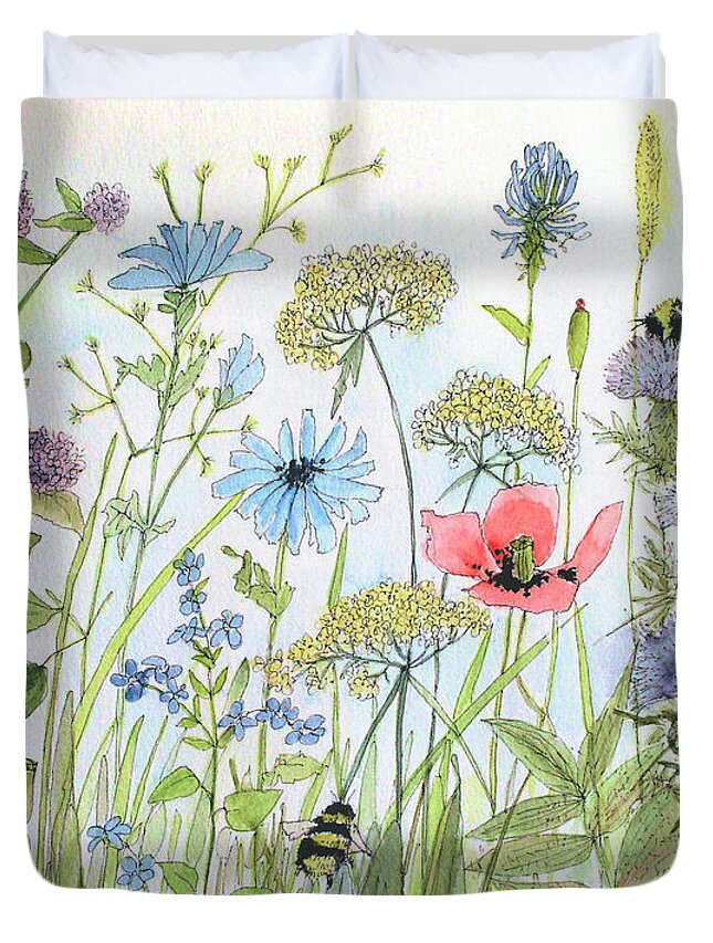 Flowers Duvet Cover featuring the painting Cottage Flowers and Bees by Laurie Rohner