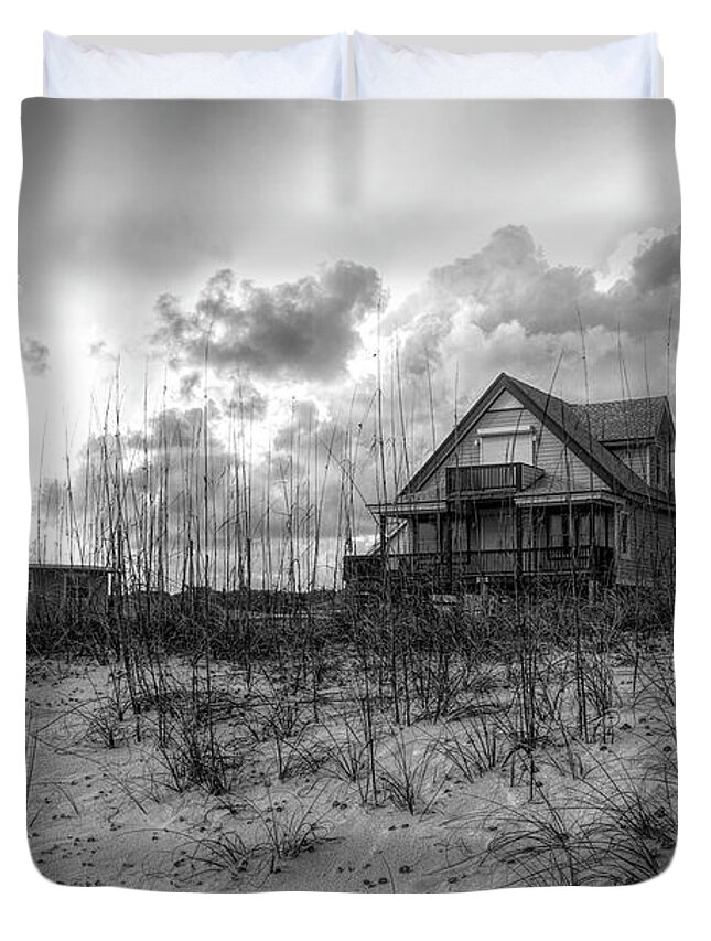 Boats Duvet Cover featuring the photograph Cottage on the Dunes in Black and White by Debra and Dave Vanderlaan