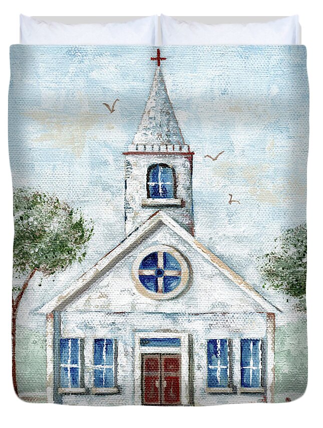 Church Duvet Cover featuring the painting Country Church Blessings by Annie Troe