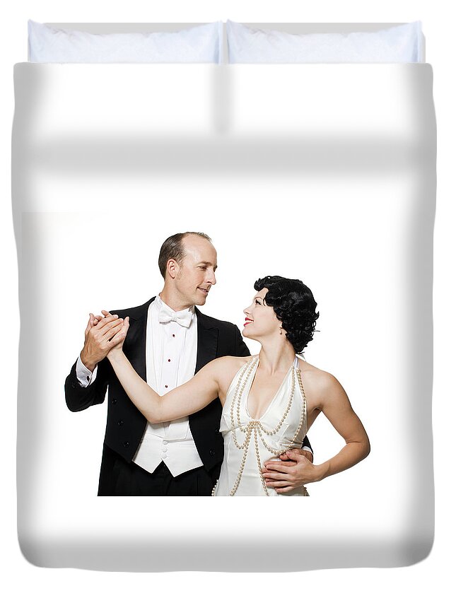 Heterosexual Couple Duvet Cover featuring the photograph Couple Posing In Dance 1920s Fashion by Allison Michael Orenstein
