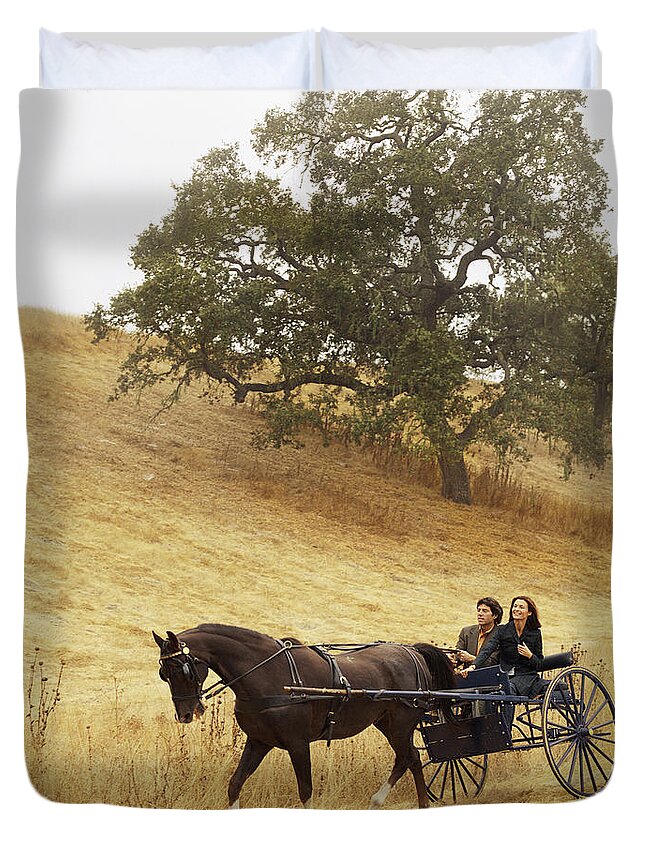 Horse Duvet Cover featuring the photograph Couple Riding In Horse-drawn Carriage by Lisa Romerein