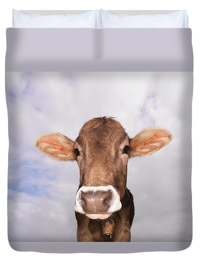Animal Themes Duvet Cover featuring the photograph Cow Standing In Field, Close-up by Mecky
