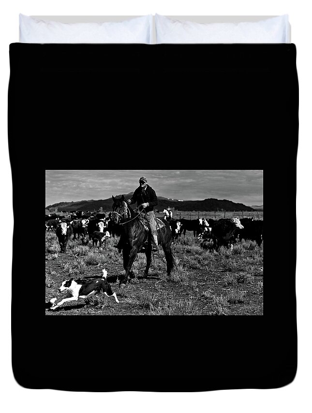Ranch Duvet Cover featuring the photograph Cowboy and dog working by Julieta Belmont