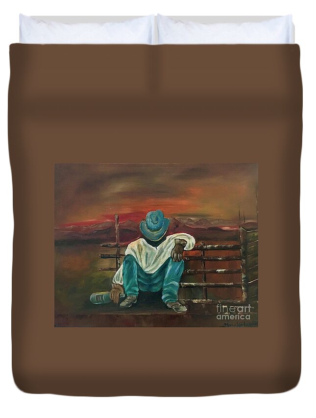 Original Oil Painting Duvet Cover featuring the painting Cowboy life by Maria Karlosak