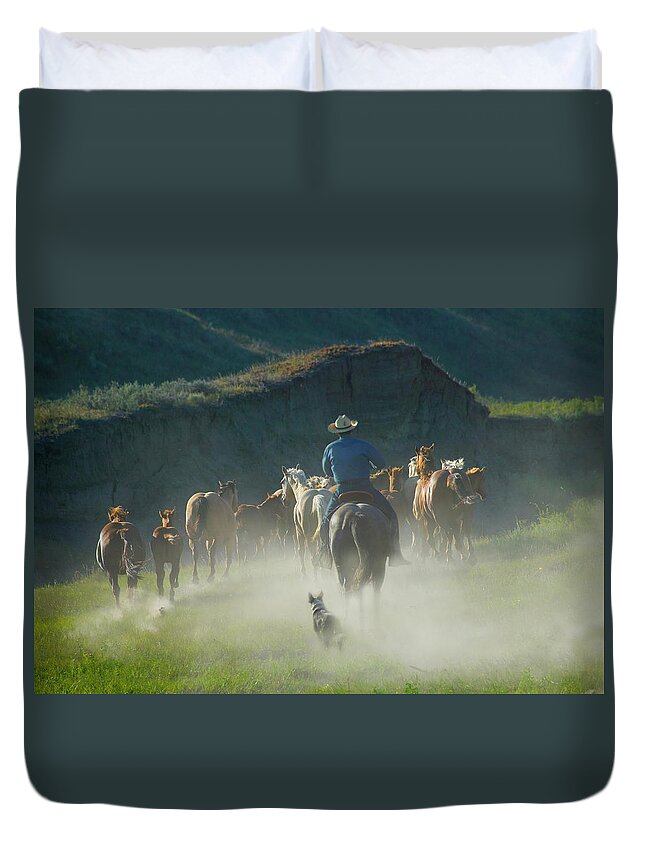 Horse Duvet Cover featuring the photograph Cowboy With Horses And Dog On The Ranch by Keren Su
