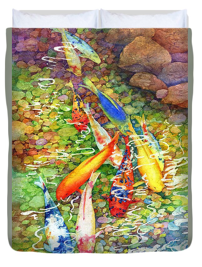 Watercolor Duvet Cover featuring the painting Coy Koi by Hailey E Herrera