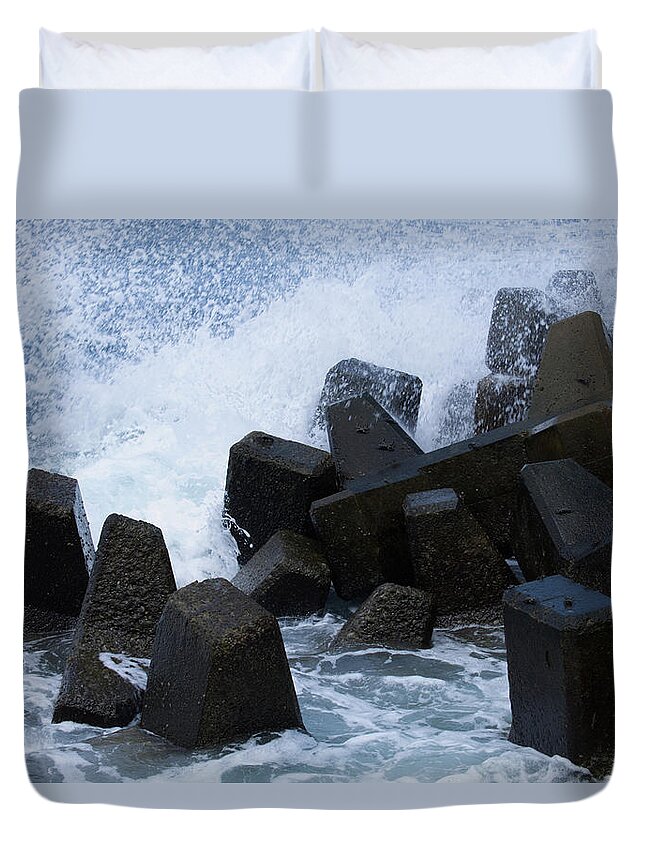 Seawall Duvet Cover featuring the photograph Crabs on the tetrapods by Eric Hafner