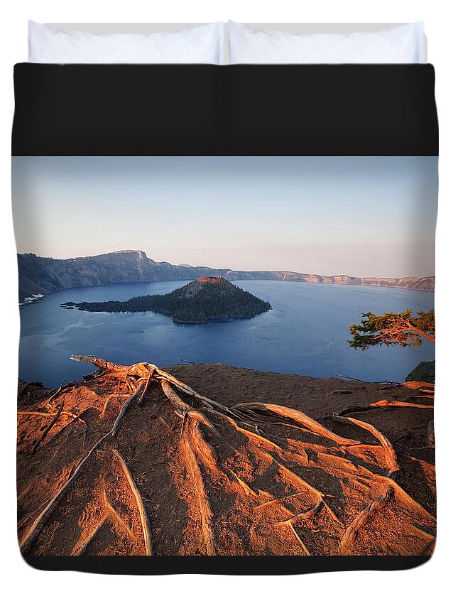 Crater Lake Duvet Cover featuring the photograph Crater Lake Sunset by Davemantel