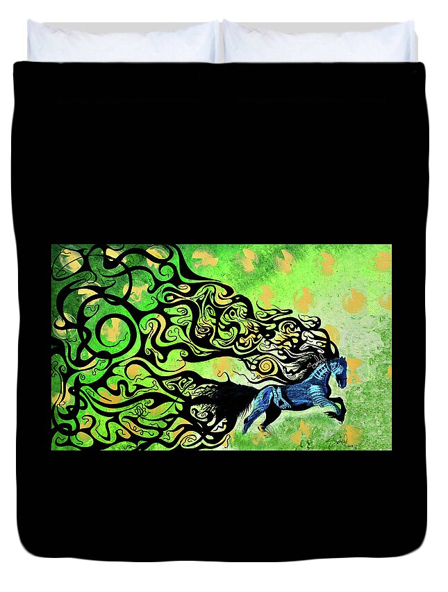 Horse Farm Abstract Conceptual Art Colorful Painting Paint Color Green Blue Animal Love Jump Inspiration Motivation Tail Hair Beautiful Beauty Run Success Duvet Cover featuring the painting Crazy Horse by Sergio Gutierrez