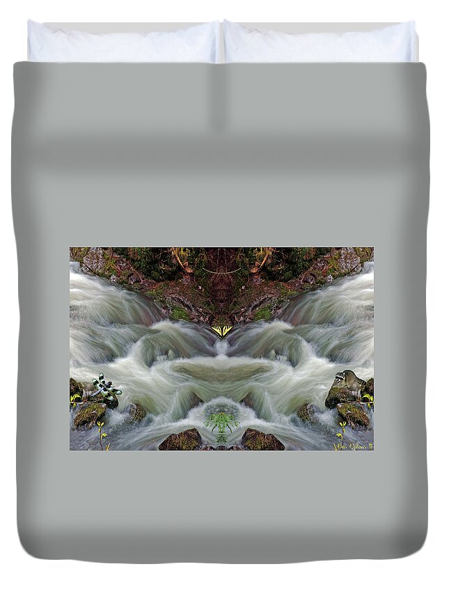 Nature Art Duvet Cover featuring the photograph Creeklife #2 with The Butterfly, Dragonfly an Raccoon by Ben Upham III