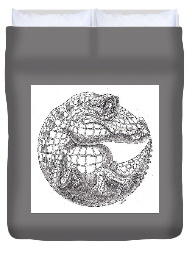 Figure Duvet Cover featuring the drawing Crocodile by Victor Molev