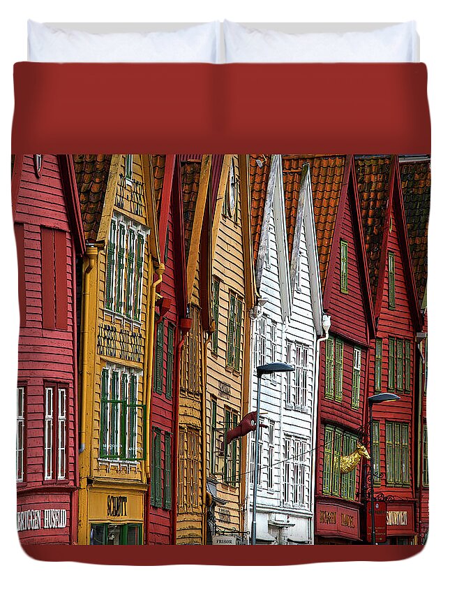 Built Structure Duvet Cover featuring the photograph Crooked Houses In Bergen, Norway by © Rozanne Hakala