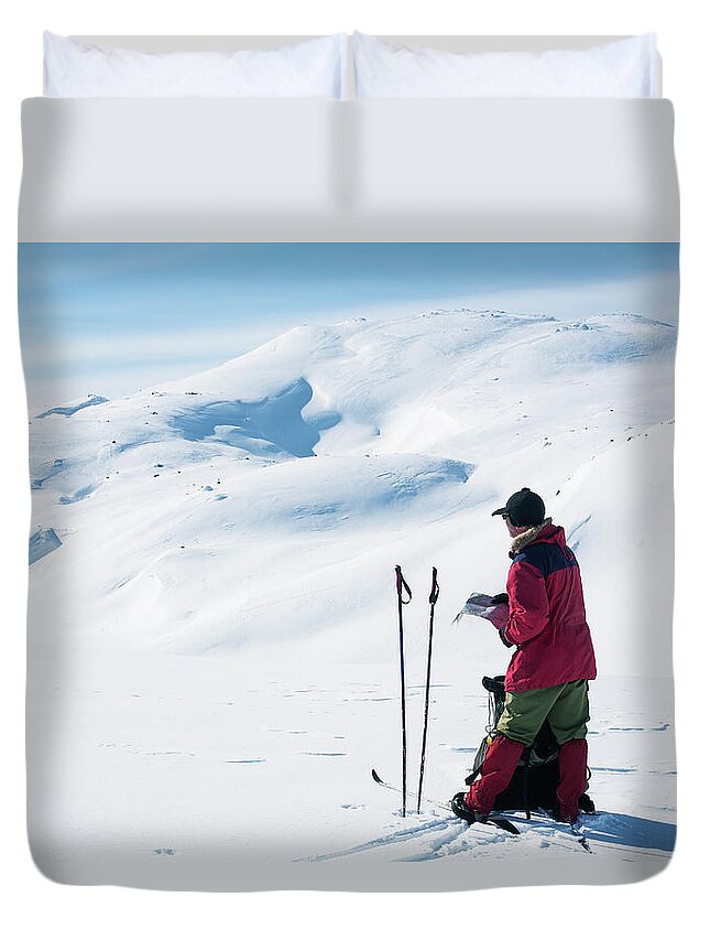 Ski Pole Duvet Cover featuring the photograph Cross Country Skier Navigating In by Bjarte Rettedal
