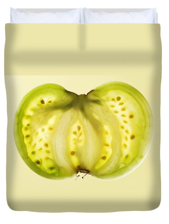 Transparent Duvet Cover featuring the photograph Cross Section Of Green Tomato, Studio by Paul Taylor