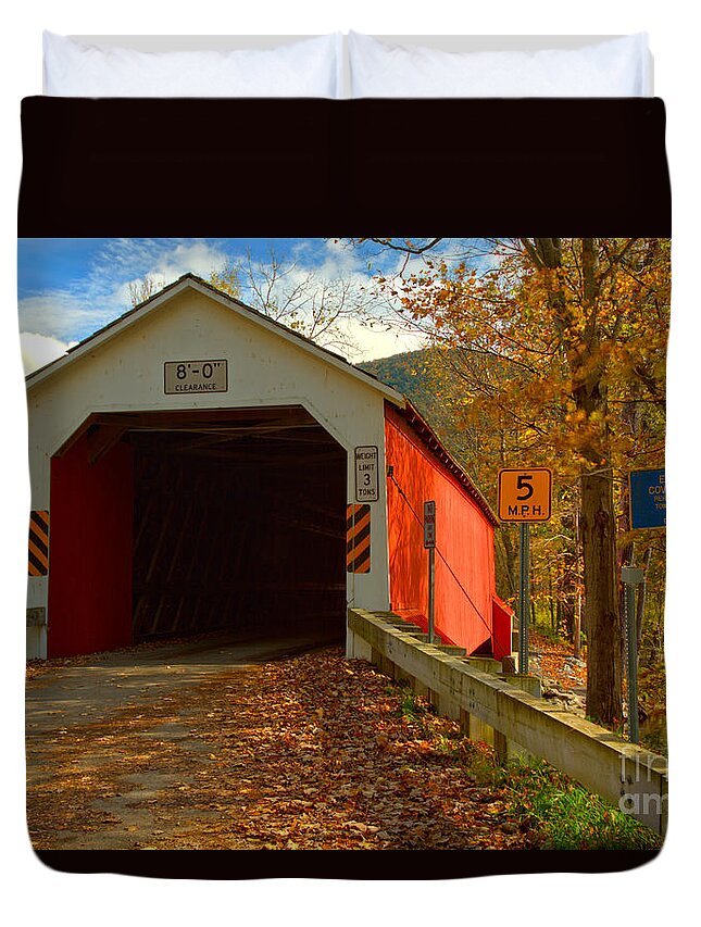 Eagleville Covered Bridge Duvet Cover featuring the photograph Crossing The Battenkill River by Adam Jewell