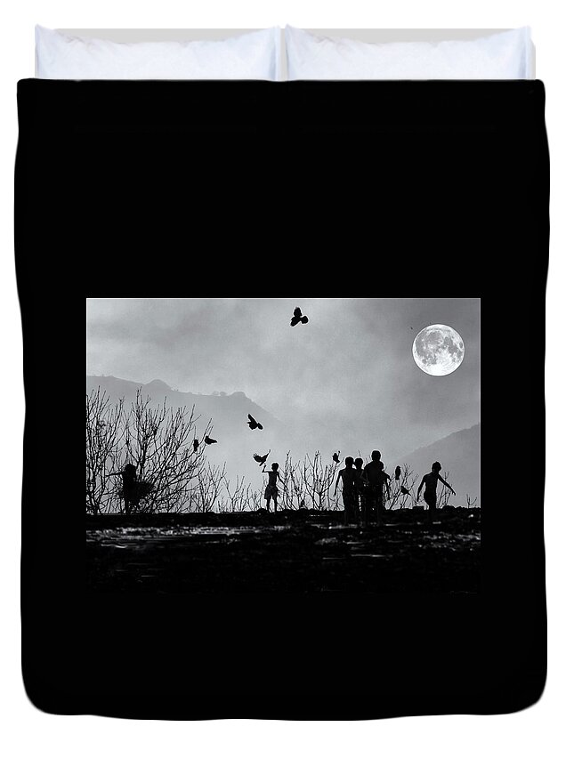 Gothic Duvet Cover featuring the mixed media Crow Children by Philip Openshaw