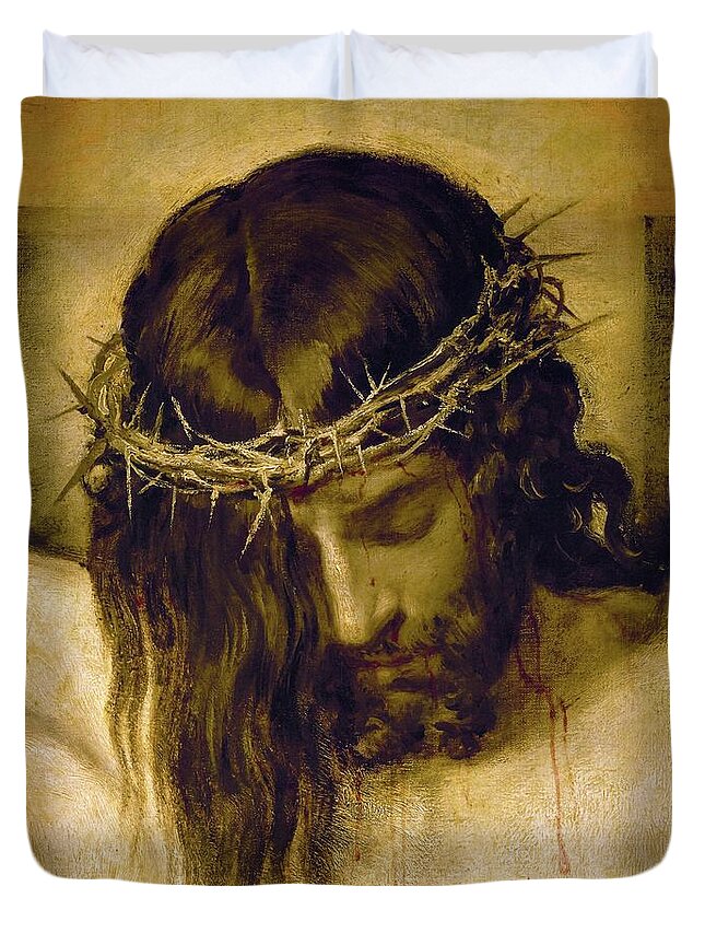 Cristo Crucificado Duvet Cover featuring the painting Crucified Christ -detail of the head-. Cristo crucificado. Madrid, Prado museum. DIEGO VELAZQUEZ . by Diego Velazquez -1599-1660-