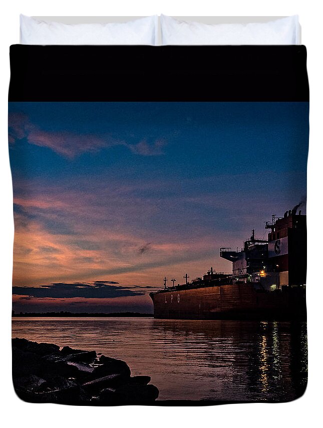 Sunset Duvet Cover featuring the photograph Crusing the Neches by Jerry Connally