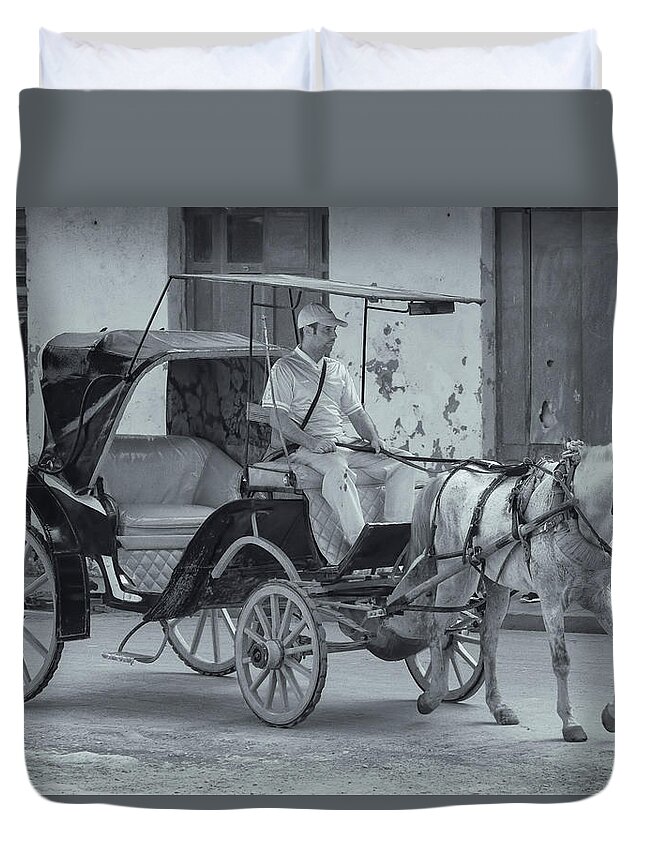 Havana Cuba Duvet Cover featuring the photograph Cuban Horse Taxi by Tom Singleton