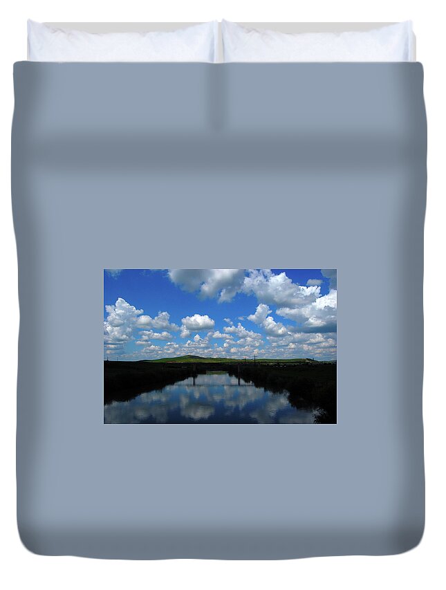 Scenics Duvet Cover featuring the photograph Cumulus Clouds Reflecting Over River by Marius Popa