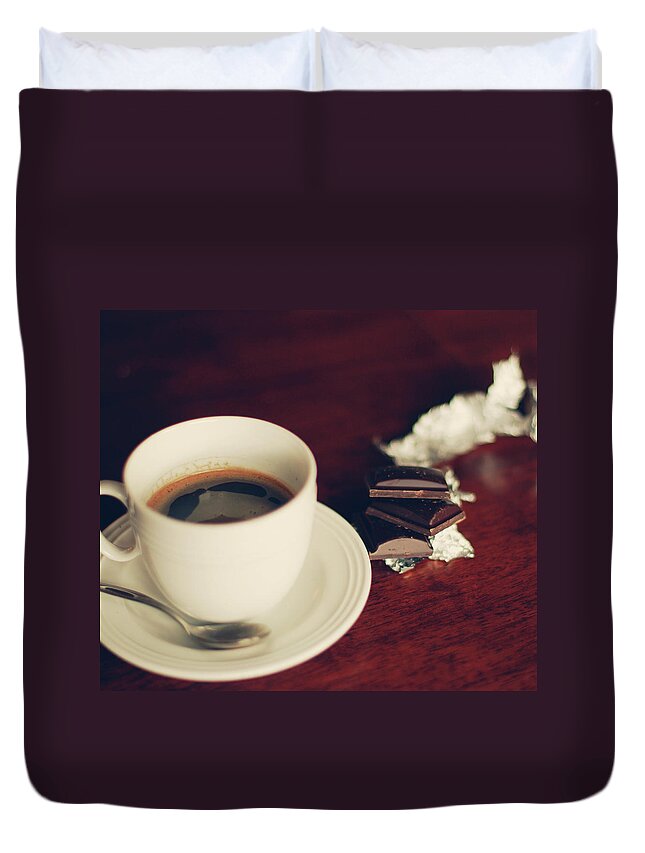 Spoon Duvet Cover featuring the photograph Cup Of Coffee And Few Chocolate Bits by Kristina Strasunske